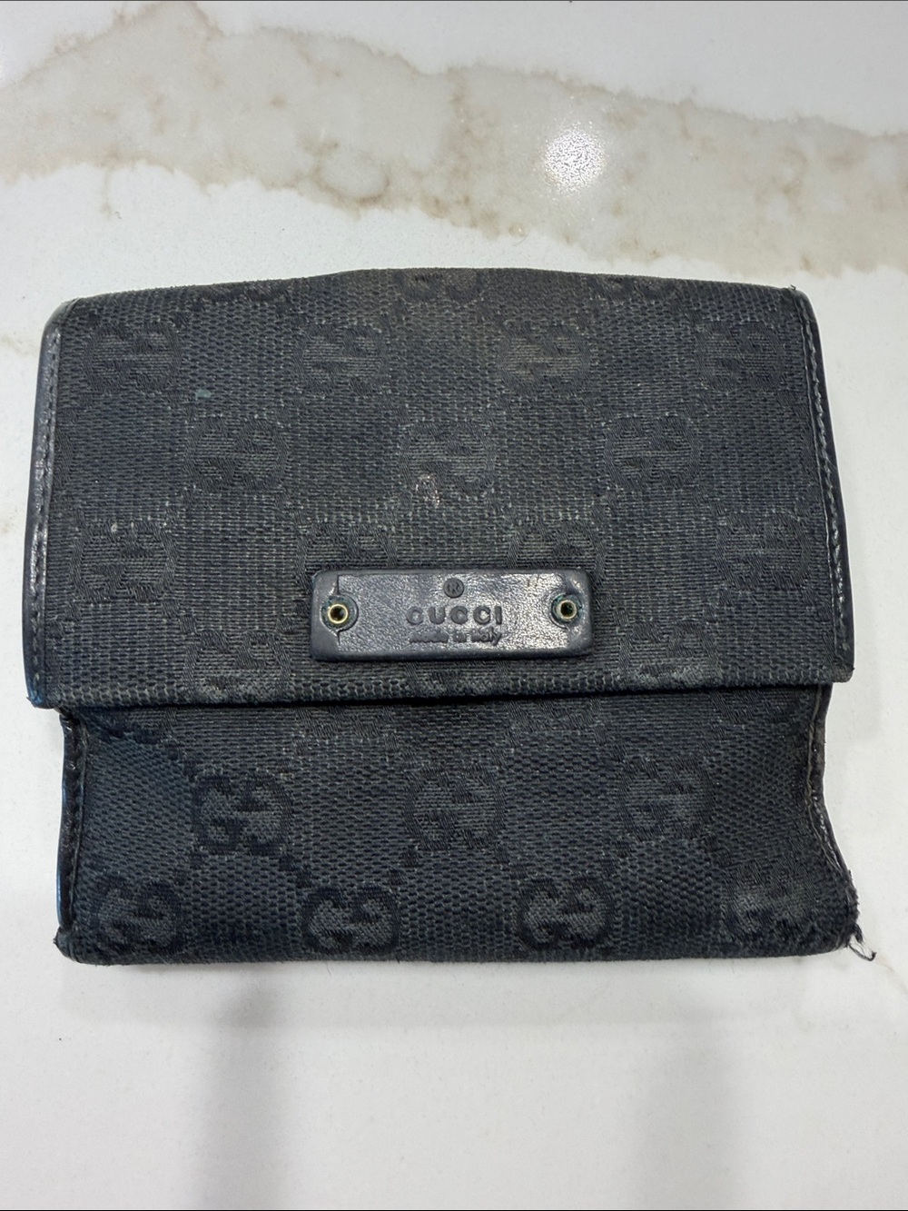 Gucci Black GG Canvas Compact Wallet with Metal Logo Plate
